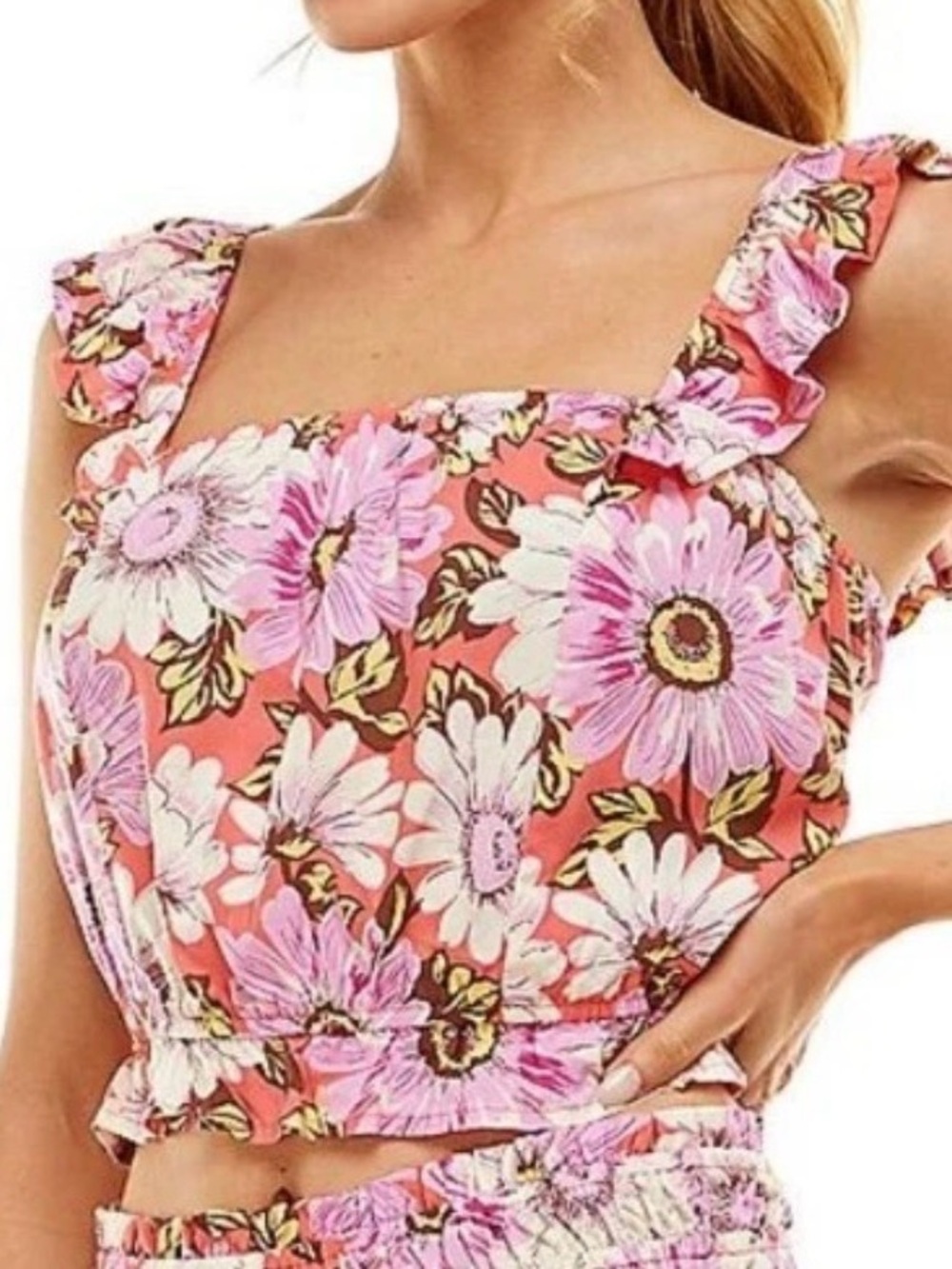 Floral Ruffle Strap Crop Top - Pink Coral
